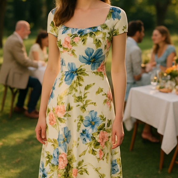 Vintage Dresses & Skirts - 70's A-Line Floral Dress Hawaiian Square Neck Halter Cap Sleeves Full Circle